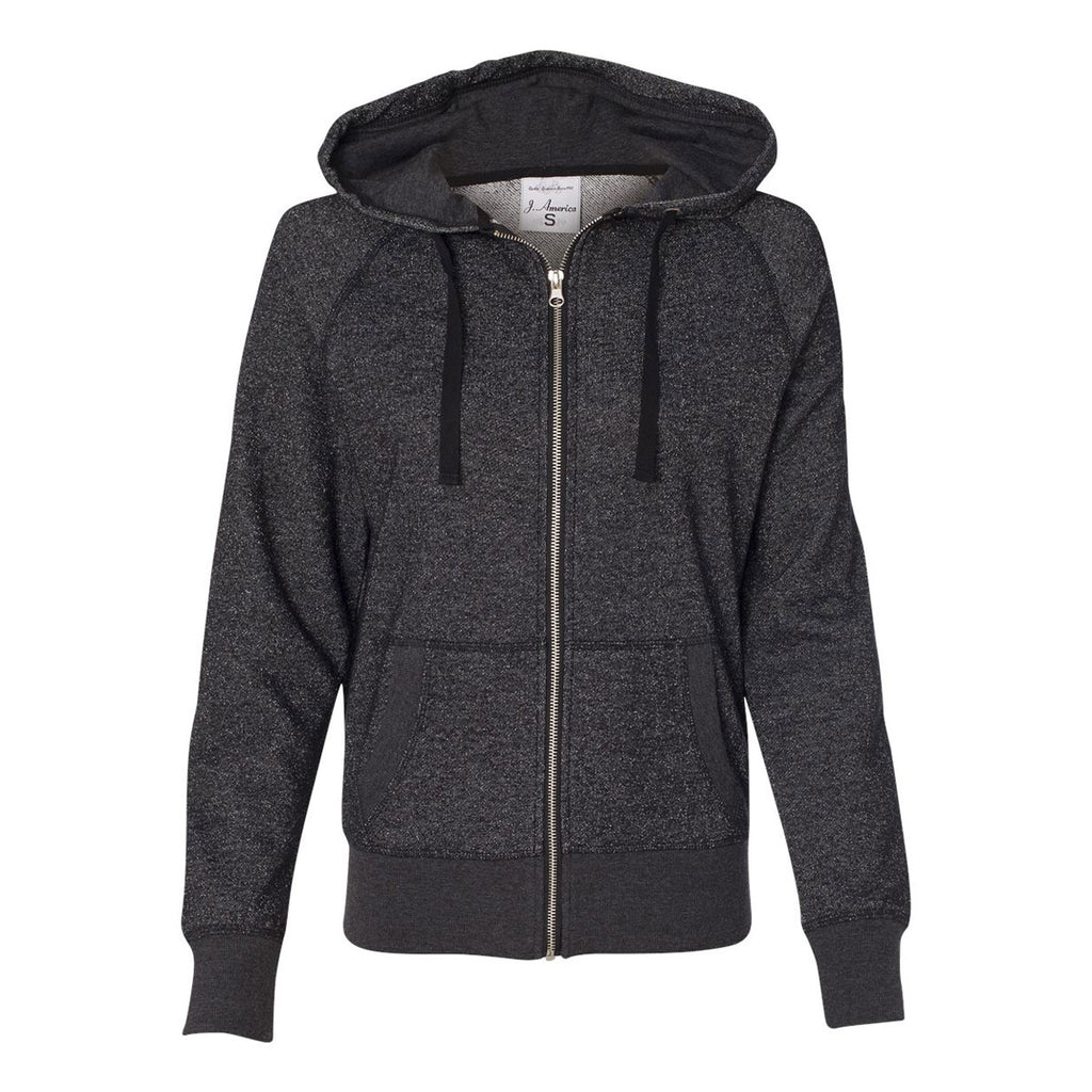 J. America Women's Black Glitter French Terry Hooded Full-Zip Sweatshi