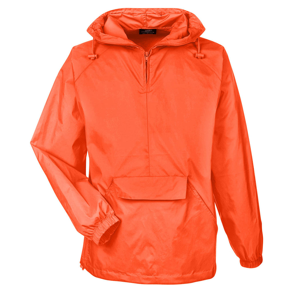 UltraClub Men's Bright Orange Quarter-Zip Hooded Pullover Pack-Away Ja