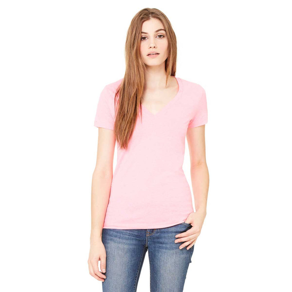 Bella + Canvas Women's Neon Pink Jersey Short-Sleeve Deep V-Neck T-Shi