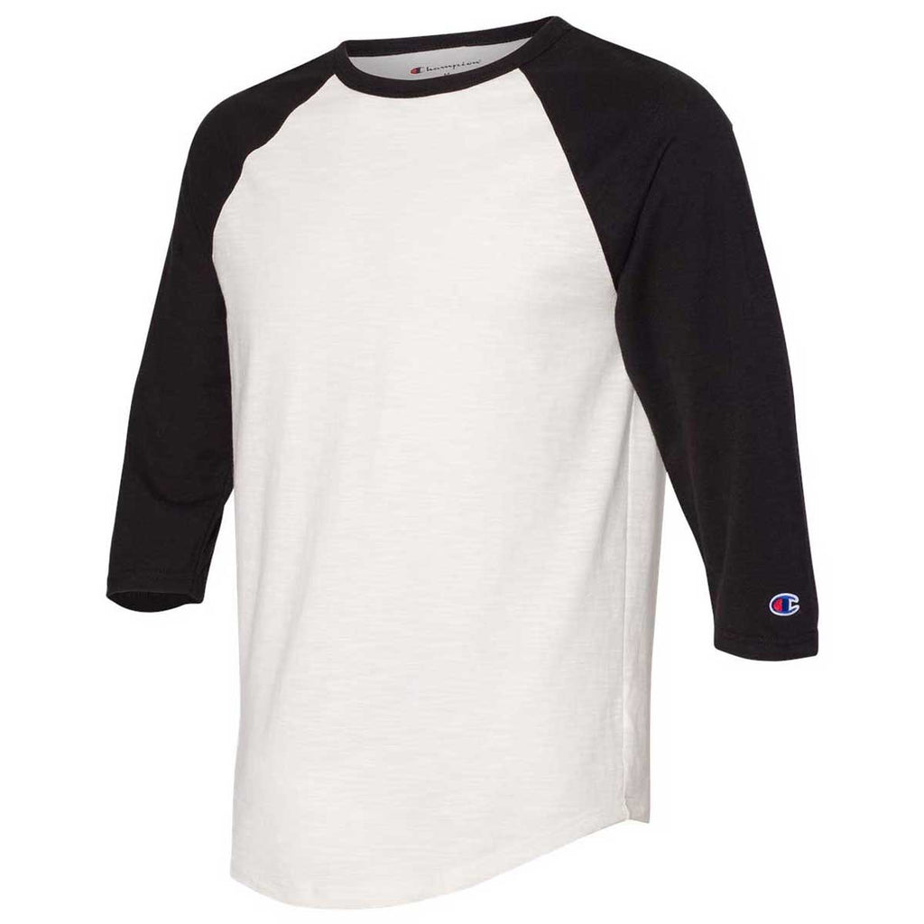 white and black champion shirt