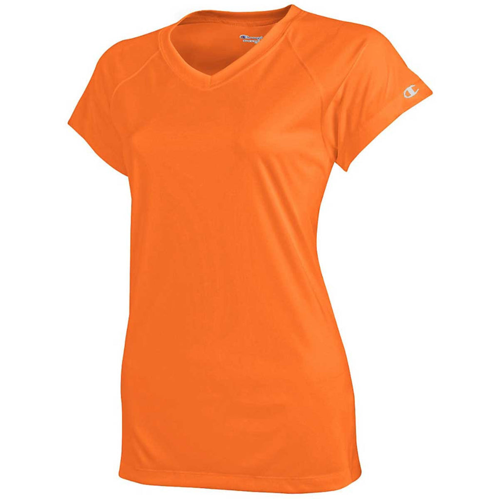 embroidery shirt mockup Orange Safety Champion Women's 4.1 Double Neck Dry V Ounce