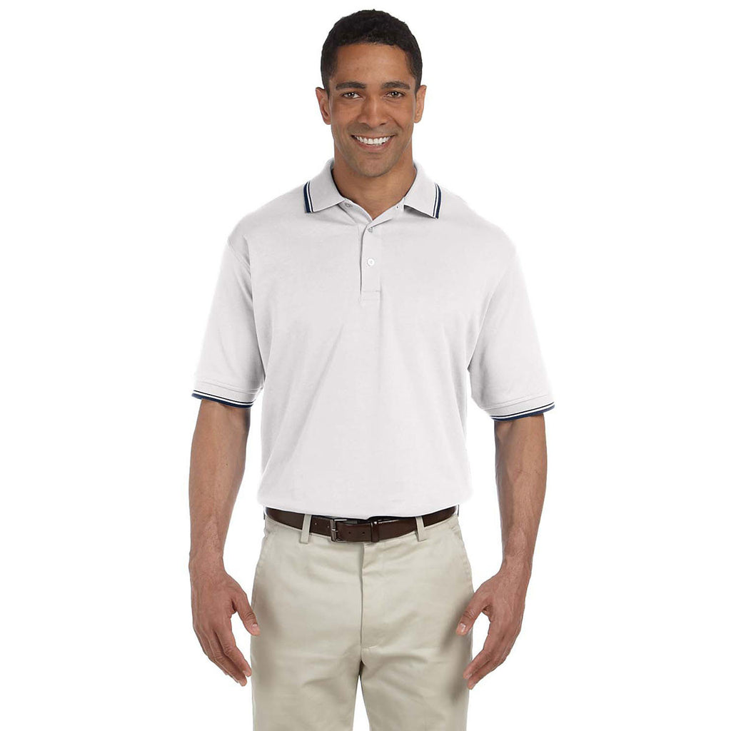 Devon & Jones Men's White/Navy Tipped Perfect Pima Interlock Polo