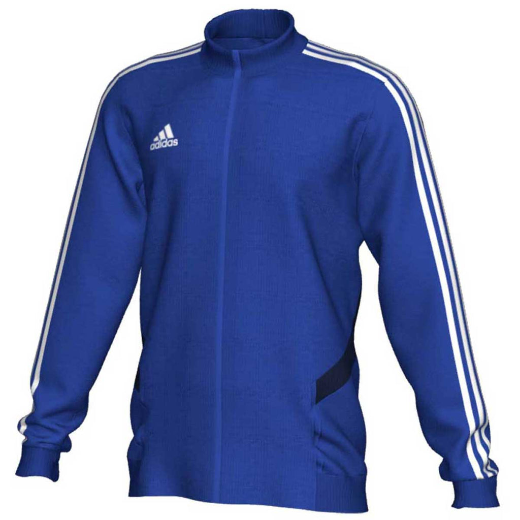 blue adidas jacket with white stripes