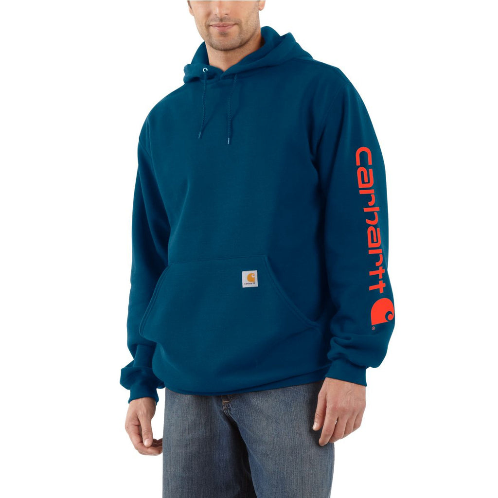 Carhartt Men's Superior Blue Midweight Signature Sleeve Logo Hooded Sw