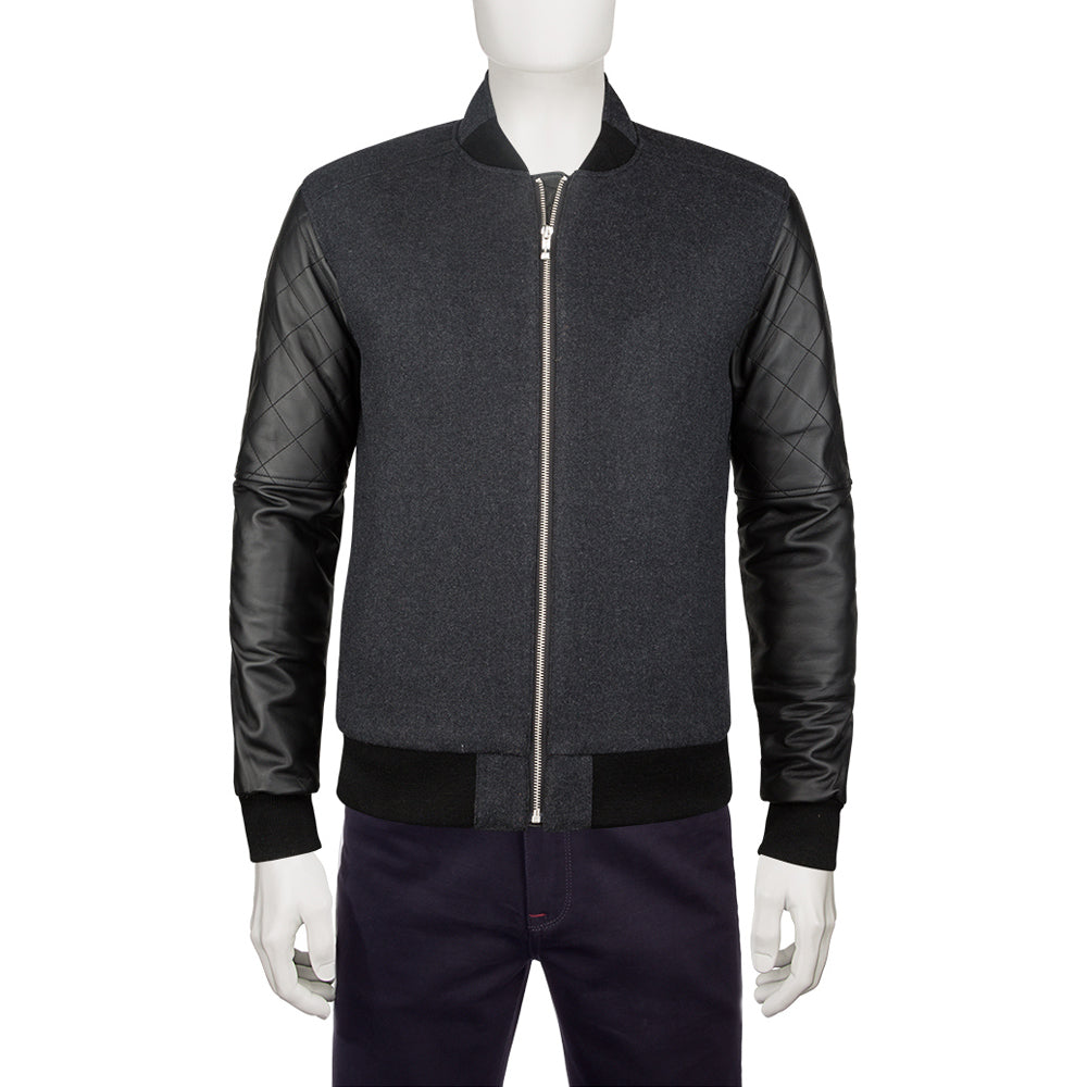 Bugatchi Men's Black Wool Bomber with Leather Sleeves Jacket