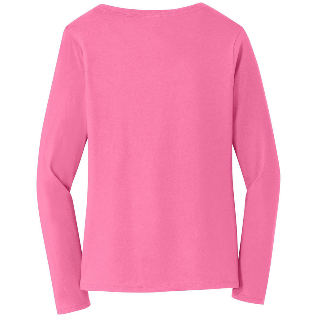 Port & Company Women's New Pink Long Sleeve Fan Favorite V-Neck Tee