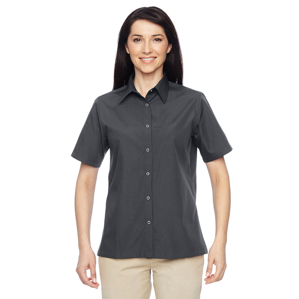 Harriton Women's Dark Charcoal Advantage Snap Closure Short-Sleeve Shi