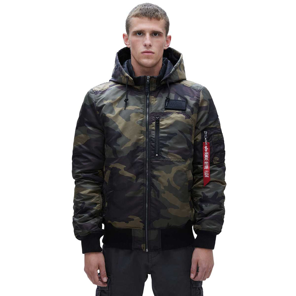 Alpha Industries Men's Dark Woodland Camo MA-1 Hooded Rib Flight Jacke