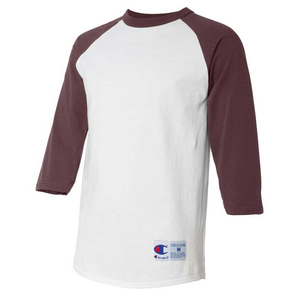 maroon and white baseball tee