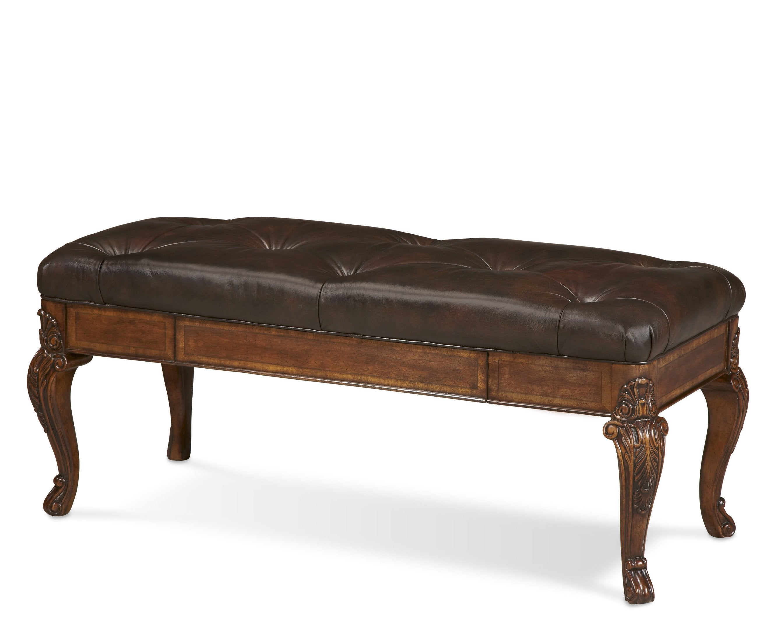Old World Leather Storage Bench - Elegant Medium Cherry Tufted Seat with Hidden Compartment & Carved Legs