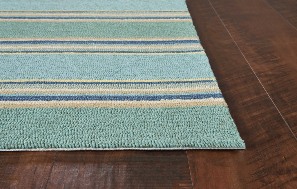3'x5' Ocean Blue Hand Hooked UV Treated Awning Stripes Indoor Outdoor Area Rug