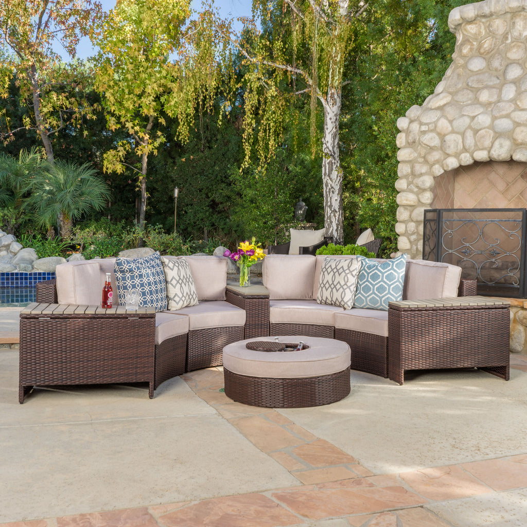 Madras Tortuga Outdoor 4 Seater Round Wicker Chat Set with Ice Bucket Ottoman, Brown and Textured Beige Noble House