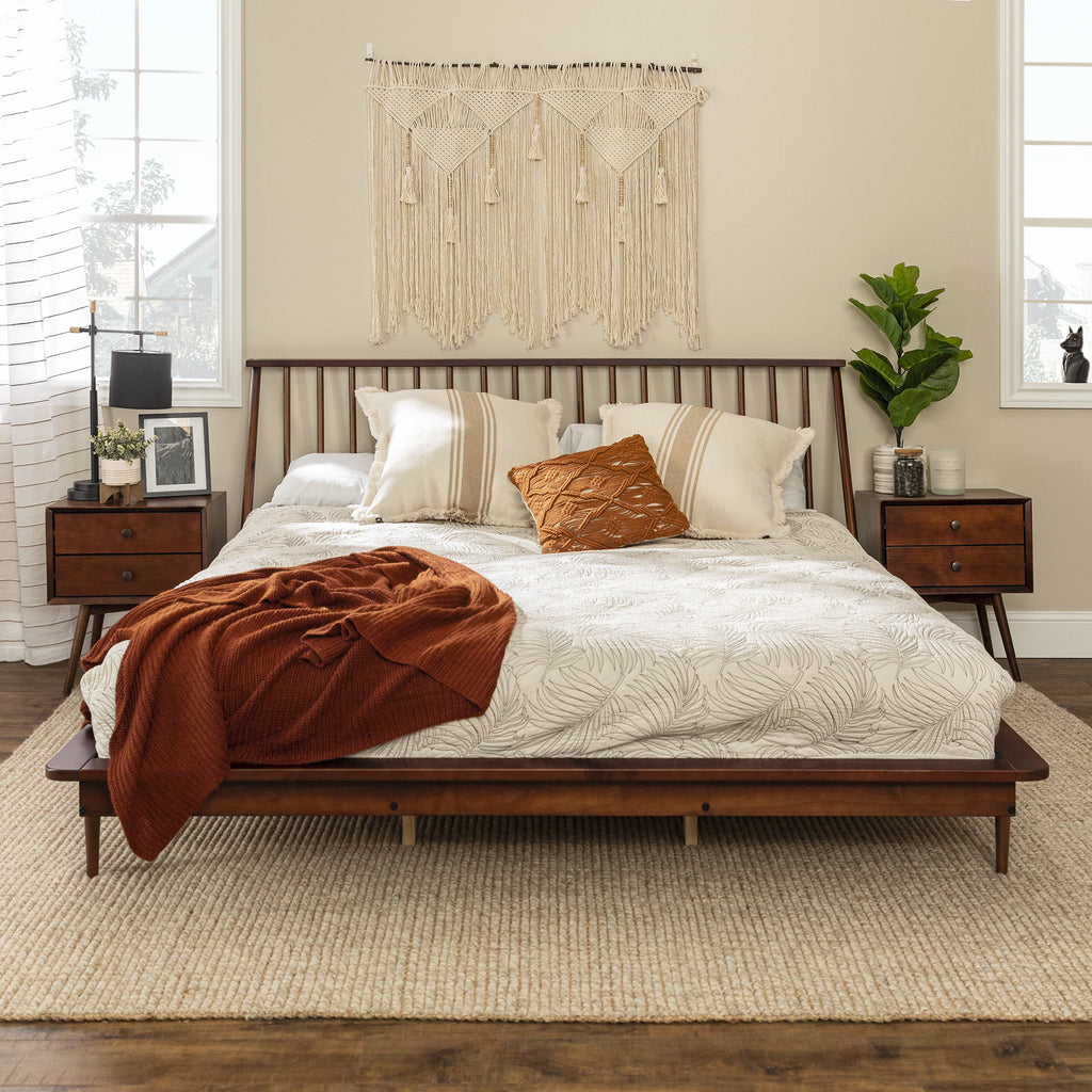 King Mid Century Modern Solid Wood Spindle Platform Bed – English Elm