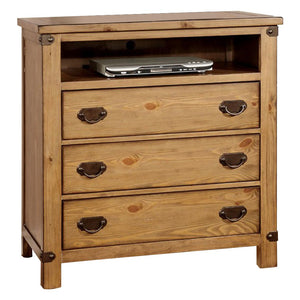 Benzara Cottage Style Wooden Media Chest with Three Drawers, Brown BM123483 Brown Wood and Veneer BM123483