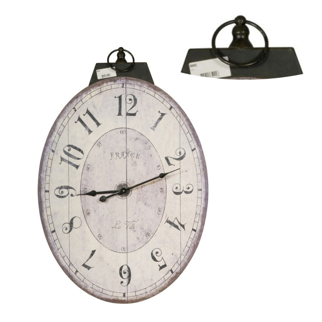 Distressed Oval Shape Wooden Wall Clock With Ring Hanger