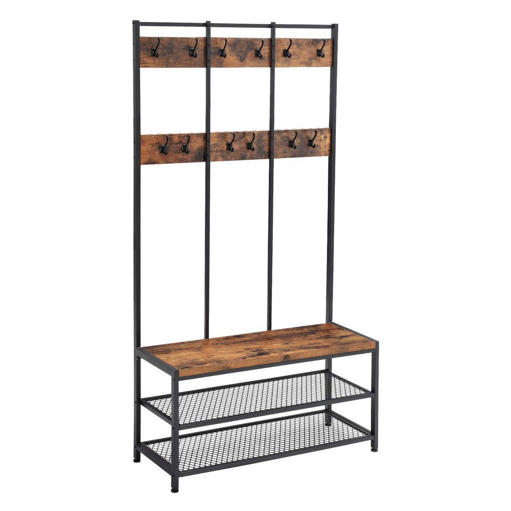 Wood and Metal Hall Tree with 12 Hooks and 3 Open Shelves, Brown and Black