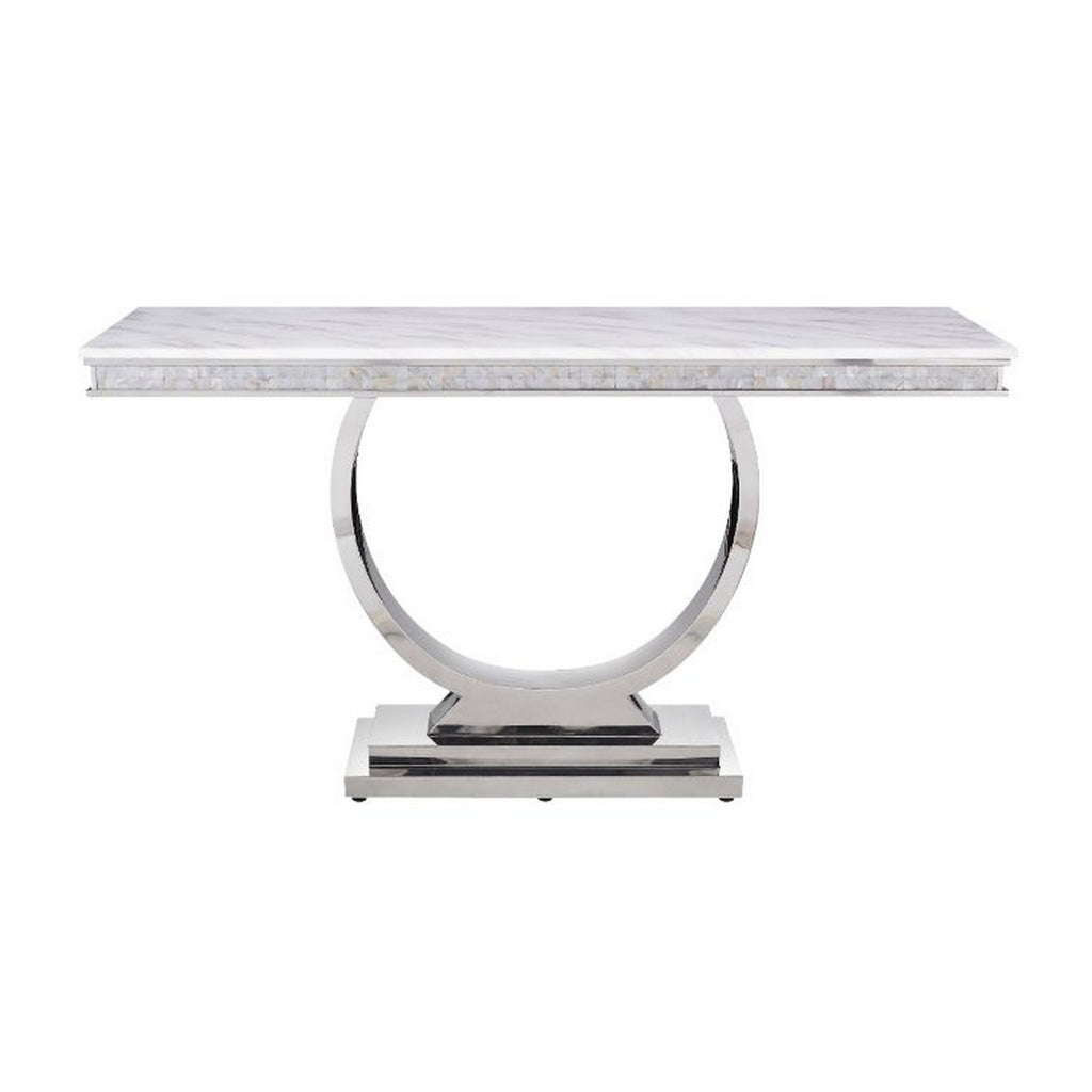 Benzara End Table with Faux Marble Top and Steel Base, White and Silver BM261695