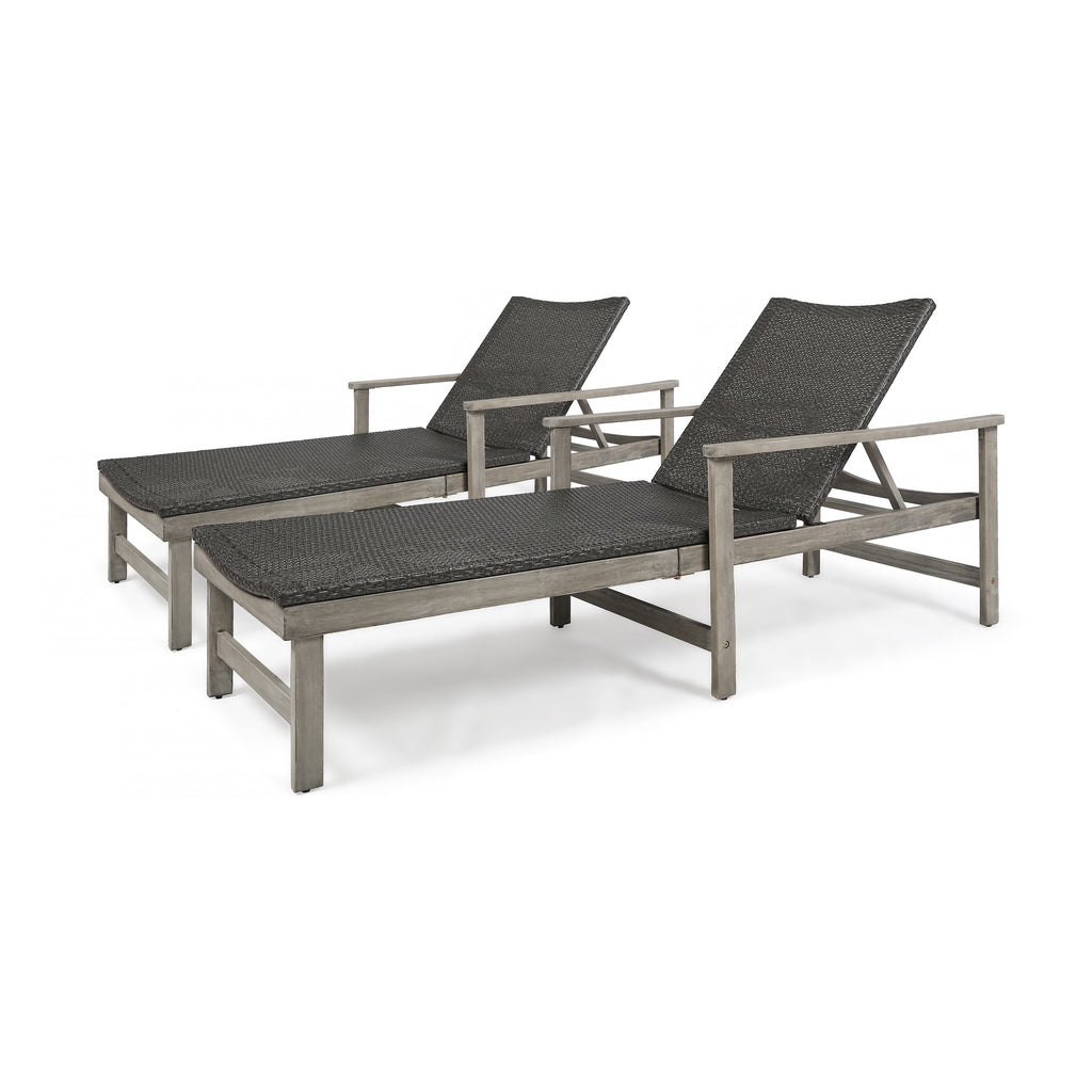 Hampton Outdoor Rustic Acacia Wood Chaise Lounge with Wicker Seating, Light Gray and Mixed Black Noble House