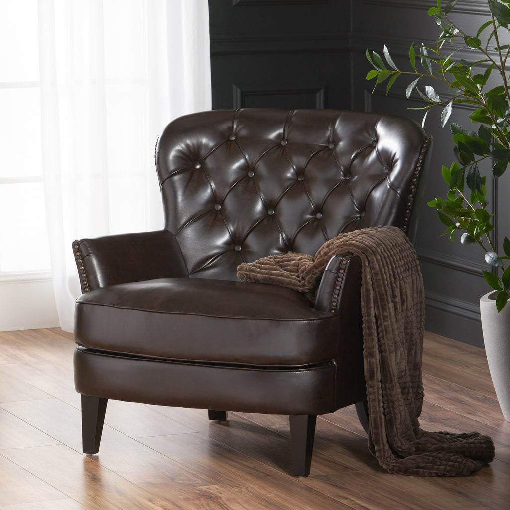 tafton brown leather tufted club chair