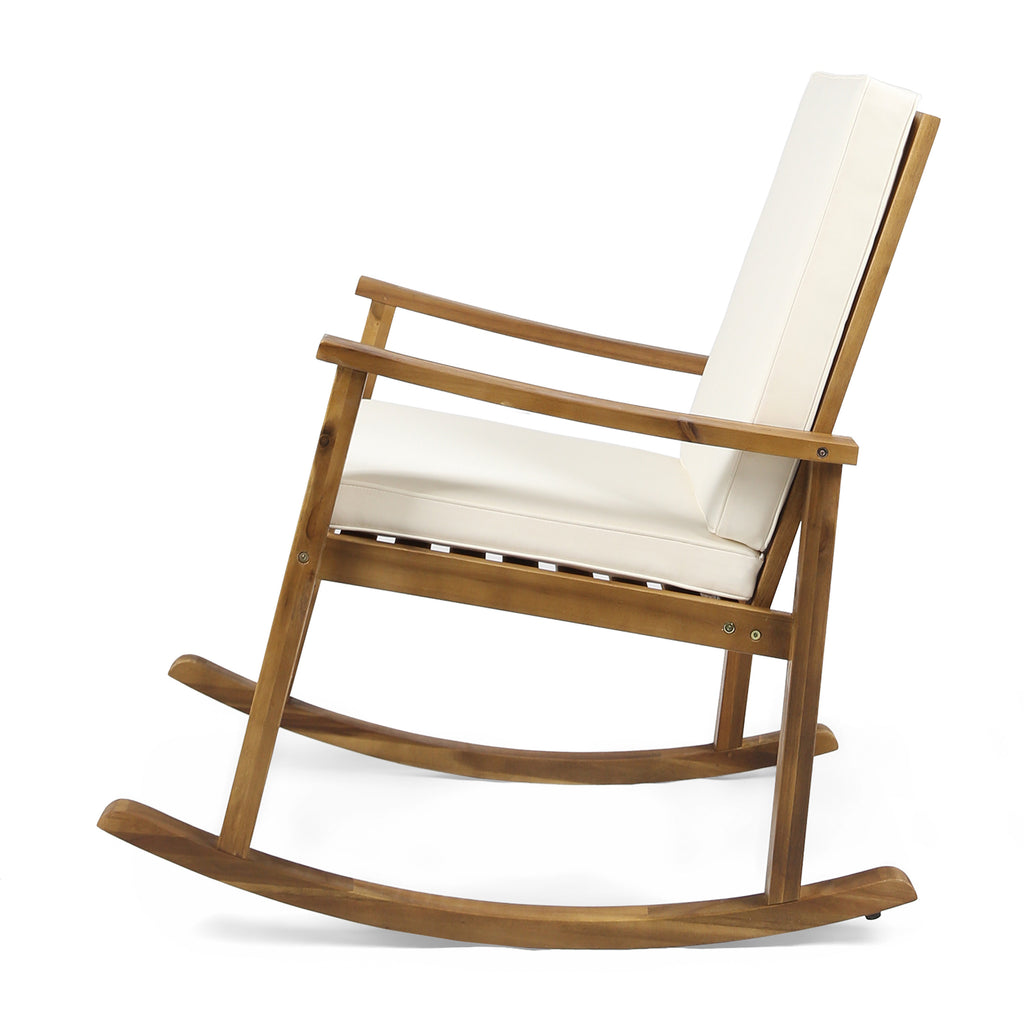 Candel Outdoor Acacia Wood Rocking Chair, Teak with Cream Cushion Noble House