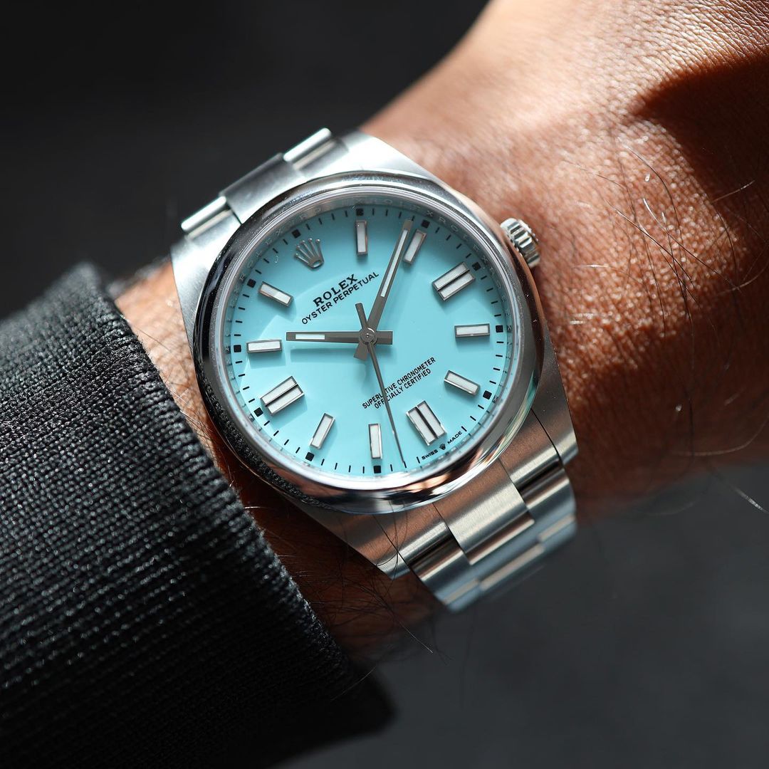 turquoise rolex oyster perpetual on wrist