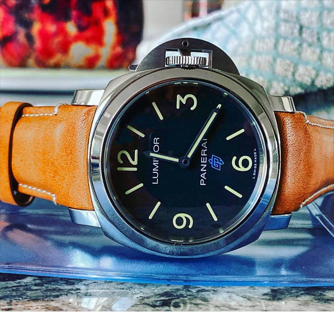 panerai watch on tan leather strap by everest with curved end