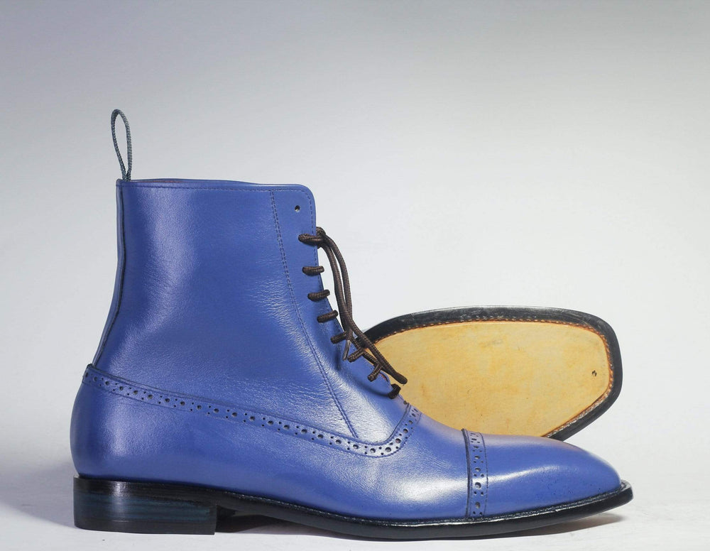 Bespoke Blue Leather Ankle Boots For 