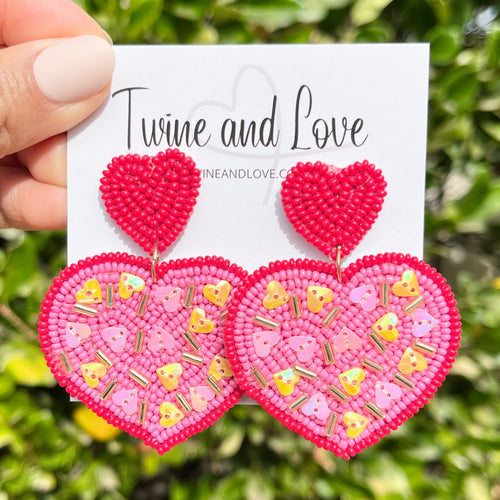 Heart Beaded Earrings, Valentines Beaded Earrings, Pink Beaded