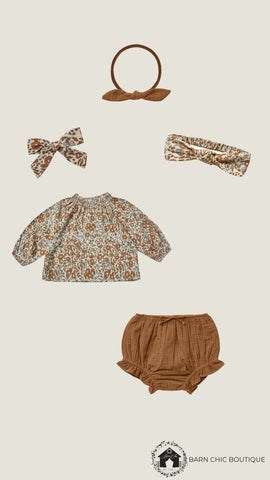 Barn Chic Boutique outfit inspiration collage from Rylee + Cru AW21 fall collection drop 1 featuring the Quincy blouse in bloom, flutter bloomers in rust, and coordinating hair bows and headbands