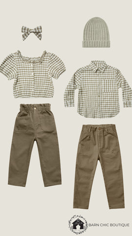 Barn Chic Boutique outfit inspiration collage from Rylee + Cru AW21 fall collection drop 1 featuring the Dylan blouse and collared shirt in Olive Gingham, the paperbag pant in Olive, the Zander pant in Olive, and a knit beanie 