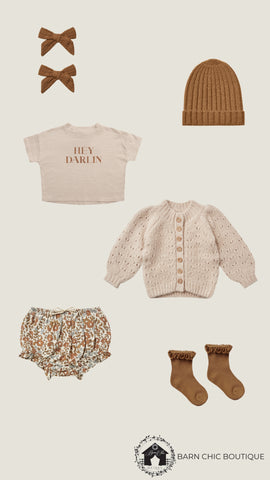 Outfit pairings with product photos from Rylee + Cru Autumn Winter 21 AW 21 fall collection drop 1, featuring the tulip cardigan, cinnamon rust beanie hat, flutter bloomer in bloom, and boxy tee in Hey Darlin' with coordinating girl bows and ruffle socks