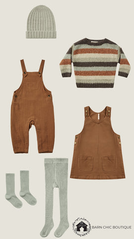 Outfit pairings with product photos from Rylee + Cru Autumn Winter 21 AW 21 fall collection drop 1, featuring the Aspen striped sweater, overalls in rust, Odette overalls dress, and tights & beanie in agave. dhts & beanie in 