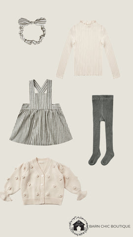 Outfit pairings with product photos from Rylee + Cru Autumn Winter 21 AW 21 fall collection drop 1, featuring the pinafore dress in railroad stripe, ribbed longsleeve tee in stone, flounce cardigan in stone, and tights in charcoal with baby headband in railroad stripe. 