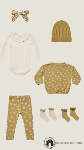 Outfit pairings with product photos from Rylee + Cru Autumn Winter 21 AW 21 fall collection drop 1, featuring the sunburst slouchy pullover, knit legging, ruffle collar onesie in stone, ruffle socks, and knit beanie. 