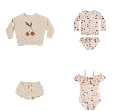 Rylee + Cru Resort Spring Summer 2021 Product Images Cherry Sweatshirt, track shorts, one piece swimsuit and two piece rash guard swim