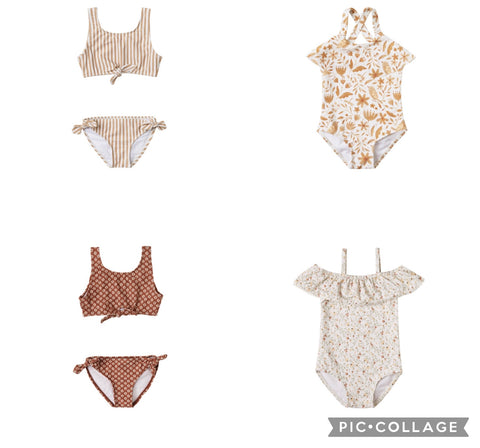 Rylee + Cru Resort Spring Summer 2021 Product Images two piece knotted bikinis, garden bird one piece and ruffle swim suits for baby and toddler girls