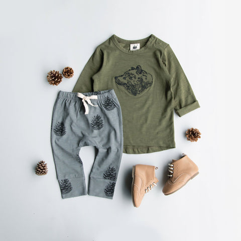 Buck & Baa bear embroidery tee and pincone leggings from the Flowers & Bears Oh My collection