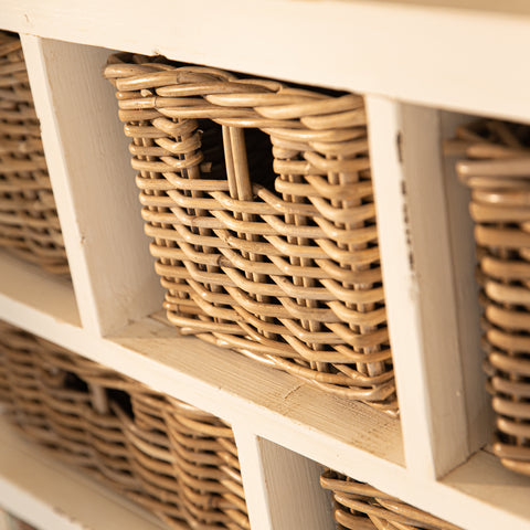A row of wicker baskets, part of a larger Rustic House storage unit