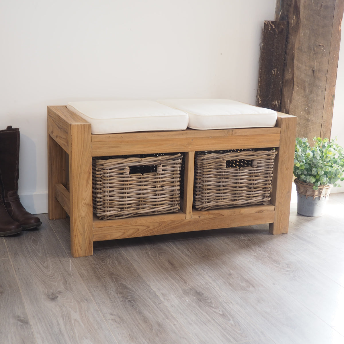 Hallway Storage Bench With Wicker Drawers - 2 Seater – Rustic House