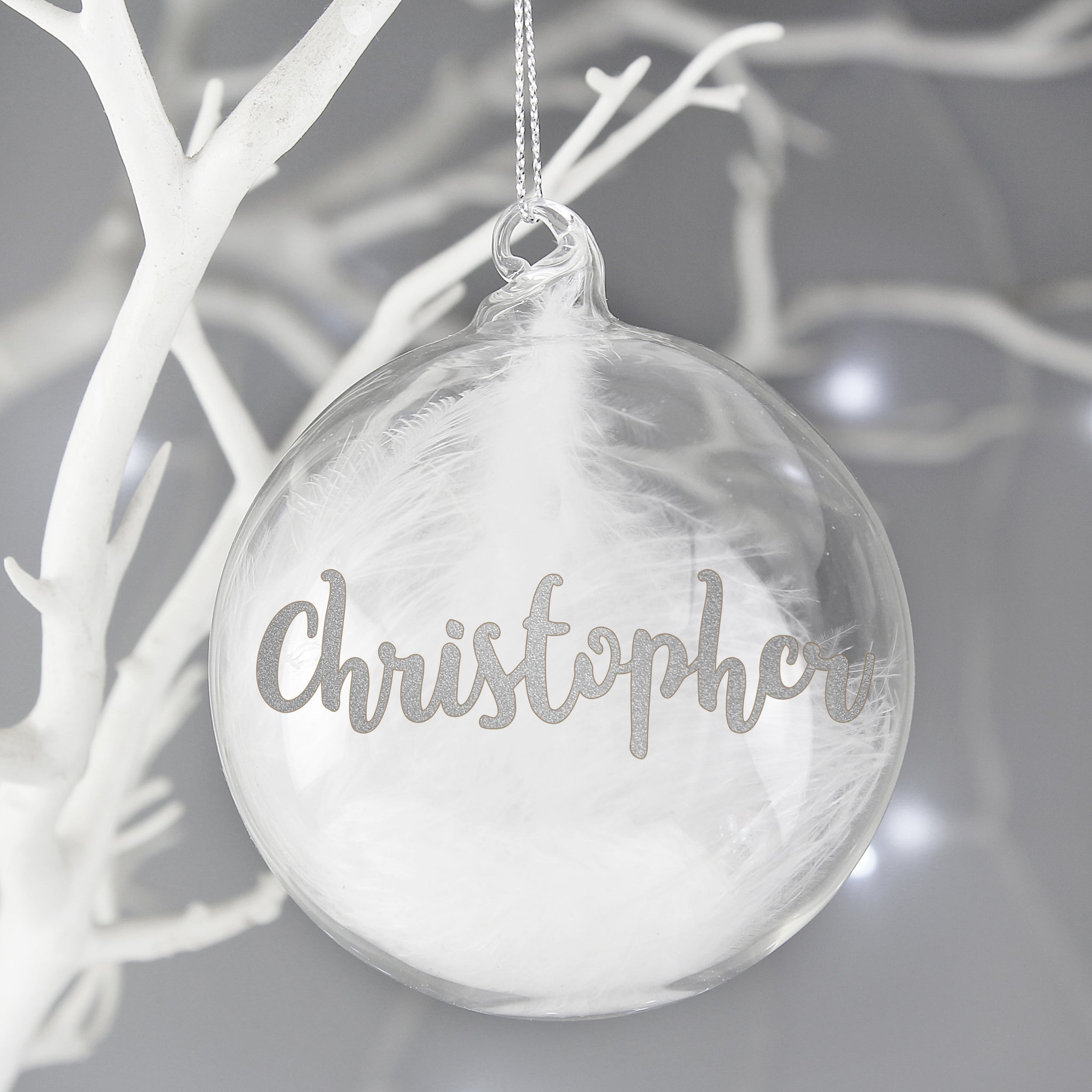 Personalised Clear Glass Christmas Bauble with a White Feather - Made For You