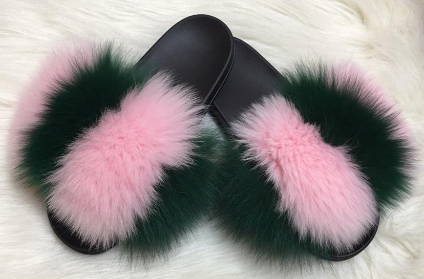 Pink \u0026 Green Fox Fur Slippers - Greek 
