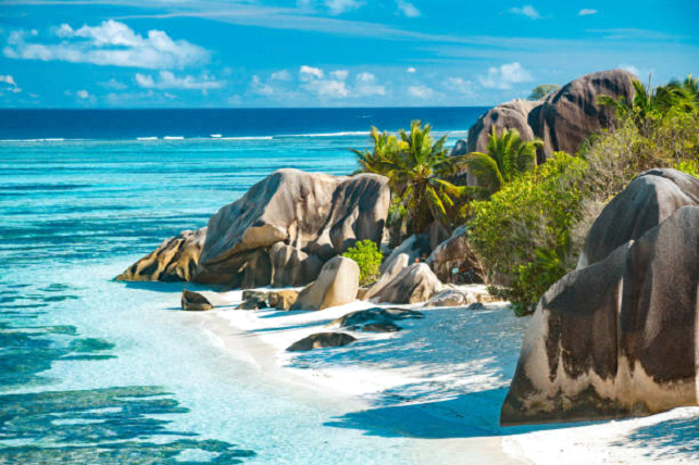 Seychelles beach boulders rocks