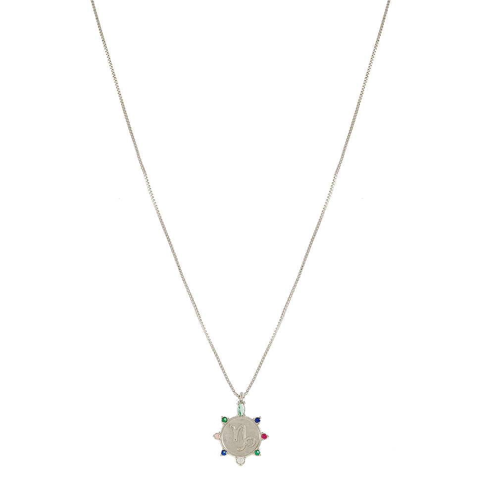 Capricorn Star-sign medal pendant with colourful zirconias. Linked to a medium sized chain. White rhodium plated. Silver-toned coloured pieces. Zodiac Collection.