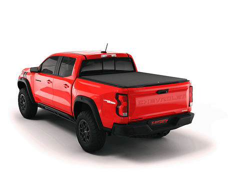 Red 2024 Chevy Colorado with an Sawtooth expandable Tonneau