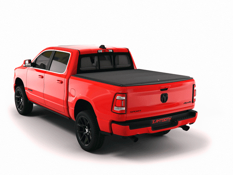 red 2020 2021 2022 2023 2024 Dodge Ram 1500 5' 7" bed with sawtooth stretch expandable pickup truck bed tonneau cover bed cover