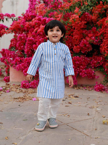 Sky Blue Stripes Organic Cotton Long Kurta - Nimbu Kids