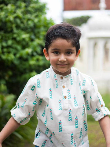 Lighthouse Organic Cotton Shirt Kurta with Roll-up Sleeves Nimbu Kids Singapore