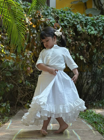 Twirl Voluminous Hi-Low Skirt in Off-White Handwoven Checks Nimbu Kids