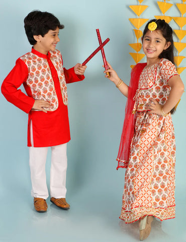 Kali Cotton Kurta Pajama with Stitched Jacket twins with girls' Kali Lehenga set.