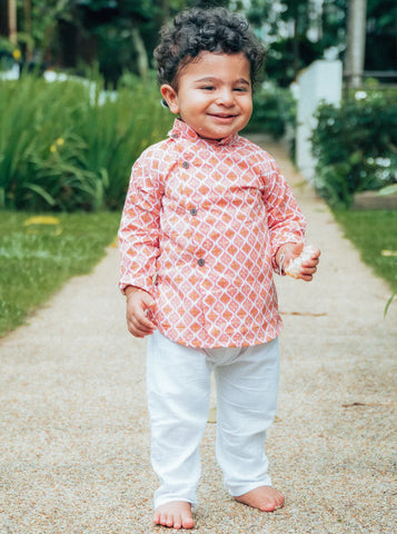 Peach Coral Kurta Pajama with side buttons  by Nimbu